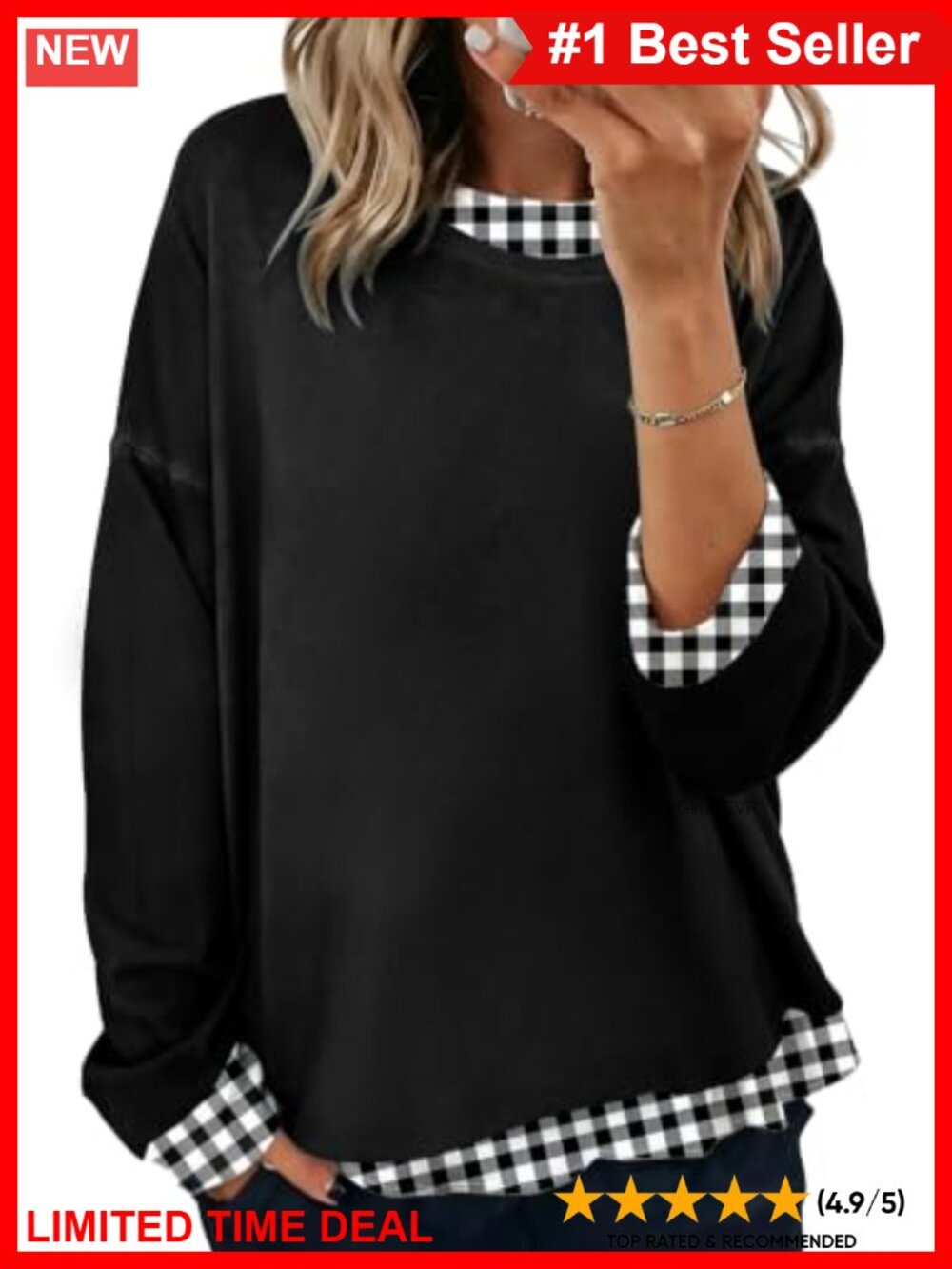 Oversized Crewneck Sweatshirt Faux Two Layer Contrast Trim Casual Pullover